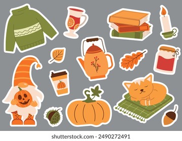 Autumn stickers collection with cute seasonal items, teapot, books, hot drinks, autumn cozy elements. Vector design of cozy sweater and blanket. Ideal for stickers