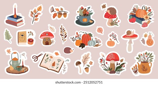Autumn stickers collection, decorative seasonal arrangements, vector elements, fall decoration