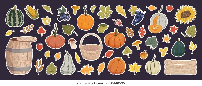 Autumn stickers collection. Pumpkins harvest, leaves, vegetables, fruits, mushrooms, wooden barrel, basket for magnets, Thanksgiving stickers, labels. Fall harvest elements set. Vector illustration.