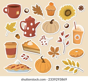 Autumn stickers collection with seasonal pumpkin spices, food, and drink. Set of autumn delicious sweet desserts or pastries, pumpkins, leaves.