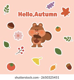 Autumn stickers with cute squirrels and objects