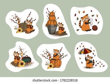 Autumn stickers. HELLO, AUTUMN. RED PANDA CHARACTER. CUTE FUNNY ANIMALS. Vector illustration.