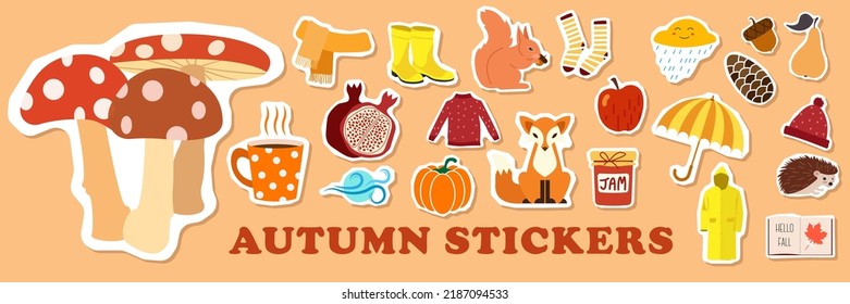 Autumn stickers icons set. Cute autumn pictures: rubber boots, book, cup of tea, sweater, umbrella, pie, apple, mushrooms, leaves, flowers etc. Isolated icons, stickers 