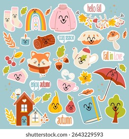 Autumn stickers kawaii elements pack. Autumn clipart