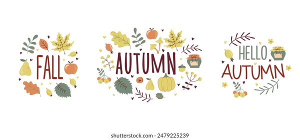 autumn stickers pack collection of colored beautiful. Autumn hand drawn lettering vector set. Cozy design elements decorative bundle. All objects are separated. Hand drawn. Vector illustration.