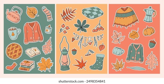 Autumn stickers pack with pre made white edge. Good for social media, cards, prints, posters, banners, planners decor. Hand drawn doodles, decorative elements set. EPS 10