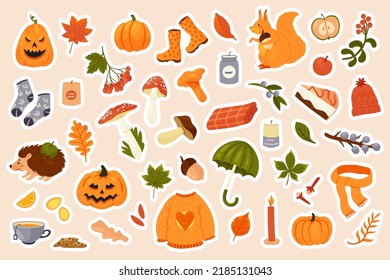 Autumn stickers pack set vector illustration. Cartoon autumn collection with fall acorn and edible mushrooms, Halloween pumpkin, orange leaf of maple oak and chestnut, cozy warm plaid hot tea isolated
