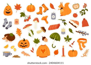 Autumn stickers pack set vector illustration. Cartoon autumn collection with fall acorn and edible mushrooms, Halloween pumpkin, orange leaf of maple oak and chestnut, cozy warm plaid hot tea isolated
