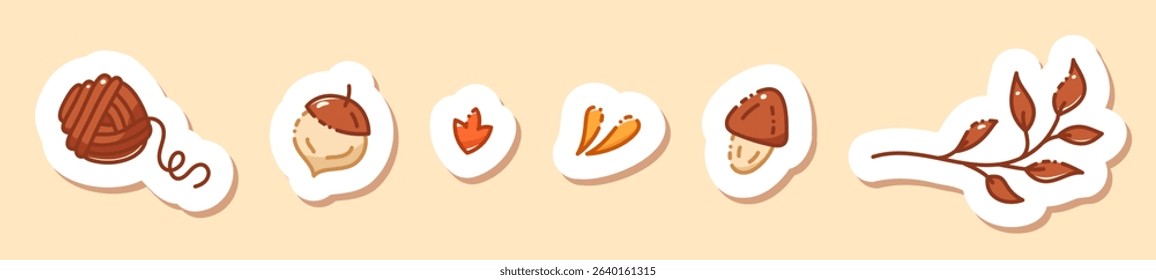 Autumn stickers painted in warm colors. A ball of woolen thread, a nut, a mushroom, a twig.
