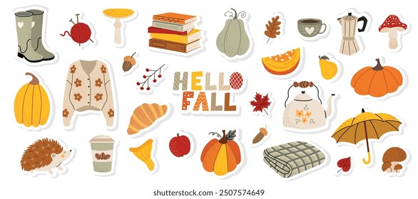 Autumn stickers set. Cute fall elements for scrapbooking. Hello fall. Pumpkins, teapot, leaves, hedgehog, boots. Flat vector collection on white isolated background.