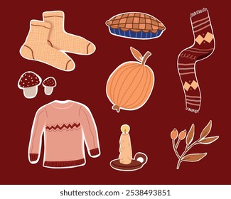 Autumn stickers set. Cute fall elements for scrapbooking. Hello fall. Pumpkins, candle, leaves, sweater, socks, mushrooms, pie. Flat design vector illustration on dark red isolated background. 