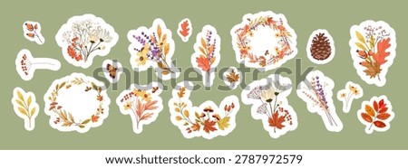 Autumn stickers set with fall leaves, flowers, wreaths, botanical branches in a hand drawn vector style for planners, scrapbooking, stationery, packaging, printable decor, and seasonal branding