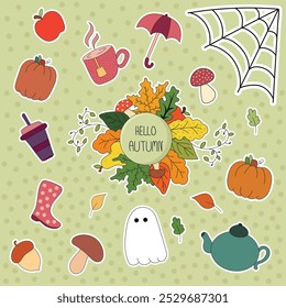 Autumn Stickers Set. Vector flat illustration. Fall elements.