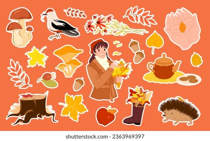 Autumn stickers set vector illustration. Cartoon isolated cute red and yellow maple, oak, rowan tree leaves of forest in boot or girls hand, mushroom in fall patches collection on orange background