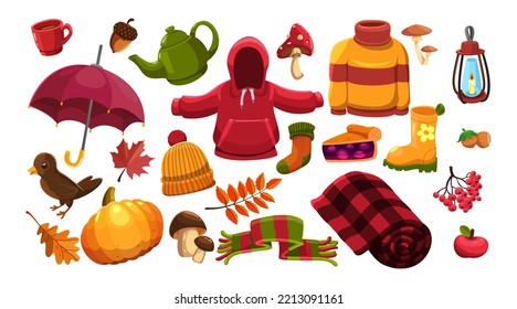 Autumn stickers set. Vector illustrations of cute fall items and floral decoration. Cartoon candle and rain umbrella, forest mushroom and leaves, acorn isolated on white. Autumn decor concept