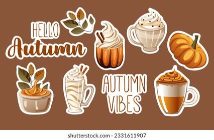 Autumn stickers set. Vector. The illustrations can be used to enhance the visual appeal of an autumn menu, showcasing the drinks and desserts available for the season.
