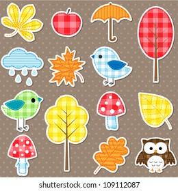 Autumn stickers - trees, leafs, mushrooms and birds