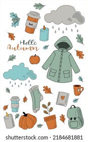 autumn stickers in vector, collection, cloud, rain, pumpkin, illustrations on autumn theme, everything related to autumn, pumpkin, apple, children's drawings, candle, cozy autumn