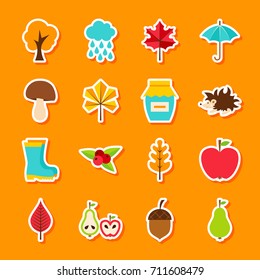 Autumn Stickers. Vector Illustration Flat Style. Set of Fall Seasonal Symbols.