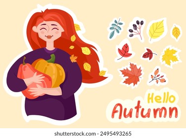 Autumn stickers vector set. Cute girl with pumpkins and falling leaves. Autumn season collection for greeting card, prints, wrapping paper. Red-haired girl in a sweater and with pumpkins in her hands