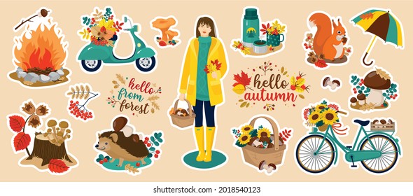 Autumn stickers vector set: girl, basket, mushrooms, hedgehog, squirrel, foliage, moped, motorcycle, sunflower, greeting.