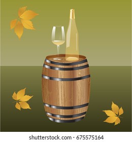 Autumn still life. Barrel wooden, transparent bottle of white wine, glass, - realistic - - art abstract creative illustration vector.