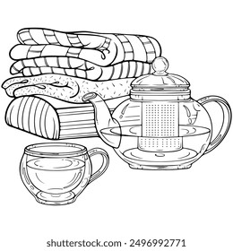 Autumn still life with blankets and glass teapot and a cup of tea. Cozy autumn, winter home decor. Vector illustrations in hand drawn sketch style isolated on white. Outline graphic for coloring book