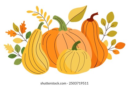 Autumn still life composition of pumpkins and autumn leaves. Vector flat illustration. Thanksgiving and autumn season template for greeting cards, invitations, prints, scrapbooking, stickers, clip art