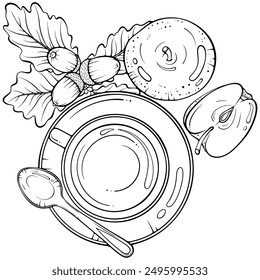 Autumn still life with cup, apples, acorns. Morning hot drink top view. Vector illustrations in hand drawn sketch style isolated on white. Black outline graphic for print, coloring book