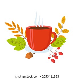 Autumn still life with a cup of tea on a white background 
