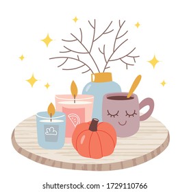 Autumn still life of cute things. Scented candles, pumpkin, dry eyelids, cocoa. Autumn mood. Stay home. Happy thanksgiving concept. Autumn composition.Illustration for children's book. Cute Poster.