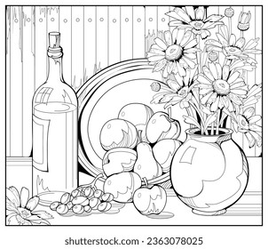 Autumn still life with fruits and flowers. Coloring book for children and adults. Image in zen-tangle style. Printable page for drawing and meditation. Black and white vector illustration.