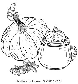 Bodegón de otoño con calabaza y latte de calabaza con crema batida. Acogedora composición otoñal. Ilustración vectorial en estilo de boceto dibujado a mano. Arte de línea aislado en blanco para colorear libro, impresión