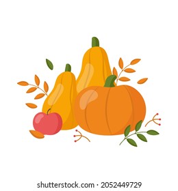 Autumn still life with pumpkins, apple, and leaves isolated on white background. Vector illustration