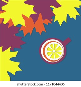 Autumn still life. Tea with lemon and maple leaves on a blue background. View from above. Paper cut. Vector illustration.