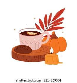Autumn still life. Tea with lemon, leaves, pumpkin, candle, oatmeal cookies with chocolate. Autumn mood. Warm colors.