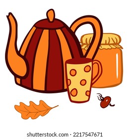 Autumn still life with teapot, mug and jar of jam. Fall composition for cover, card, flyer, tea party design. Vector doodle illustration
