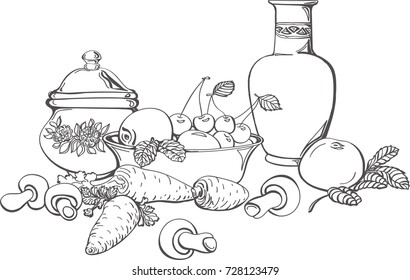 autumn still-life with fruit, vegetables and mushrooms