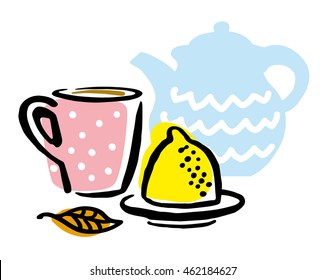 Autumn still-life with a teapot, cup, lemon and yellow autumn leaf. Drawn in a primitive style, it symbolizes the home tea. Vector, color, isolated on background.