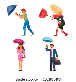 Autumn stormy and rainy weather. The wind tears the umbrella out of the girls and boys hands. People holding umbrella under the rain. Flat Art Vector illustration