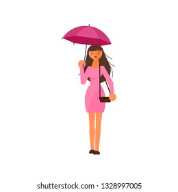 Autumn stormy and rainy weather. Woman holding umbrella under the rain. Flat Art Vector illustration