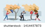 Autumn stormy weather. People in the rain and gusting wind. Flat Art Vector illustration