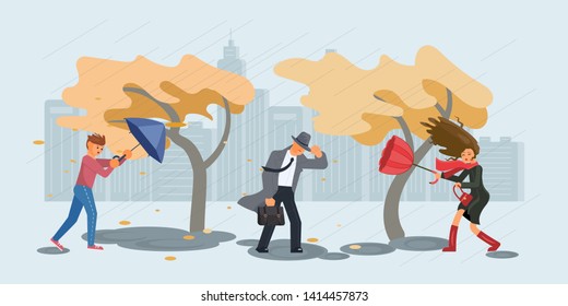 Autumn stormy weather. People in the rain and gusting wind. Flat Art Vector illustration