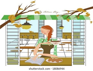 Autumn Story - a pretty girl relax with sweet food and entertainment reading in the cafe by the window on white background with a beautiful natural view and inside of a snack bar : vector illustration