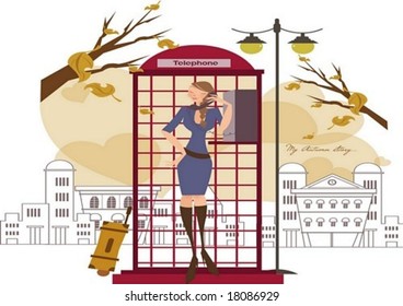 Autumn Story - a pretty woman makes a phone call with a brown suitcase in the public telephone booth on white background with a beautiful urban view and brown heart patterns : vector illustration