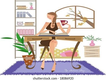 Autumn Story - a pretty woman relax a house with a cup of coffee and an entertaining reading on white background with a view through an open window and decorating cute furniture : vector illustration