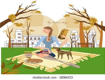 Autumn Story - a pretty woman relax with sweet food and a cute animal in the natural wood park of city on white background with a beautiful urban view : vector illustration
