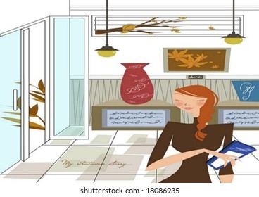 Autumn Story - a pretty woman visit a museum with a blue pamphlet in the craft exhibition on white background with beautiful articles and art wall : vector illustration