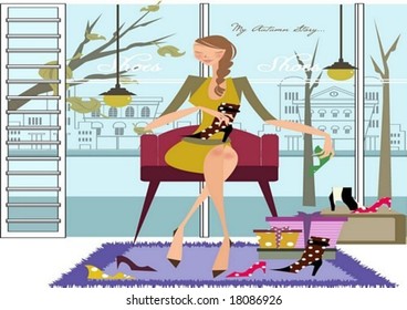 Autumn Story - shopping a pretty woman make choice of the colorful trendy high heels in the luxury department store on blue background with a urban view through a closed window : vector illustration