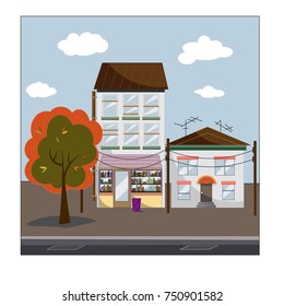 Autumn street with a bookstore